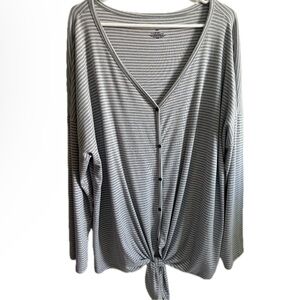 EVRI Gray and White Striped Tie-Front Button Down Top